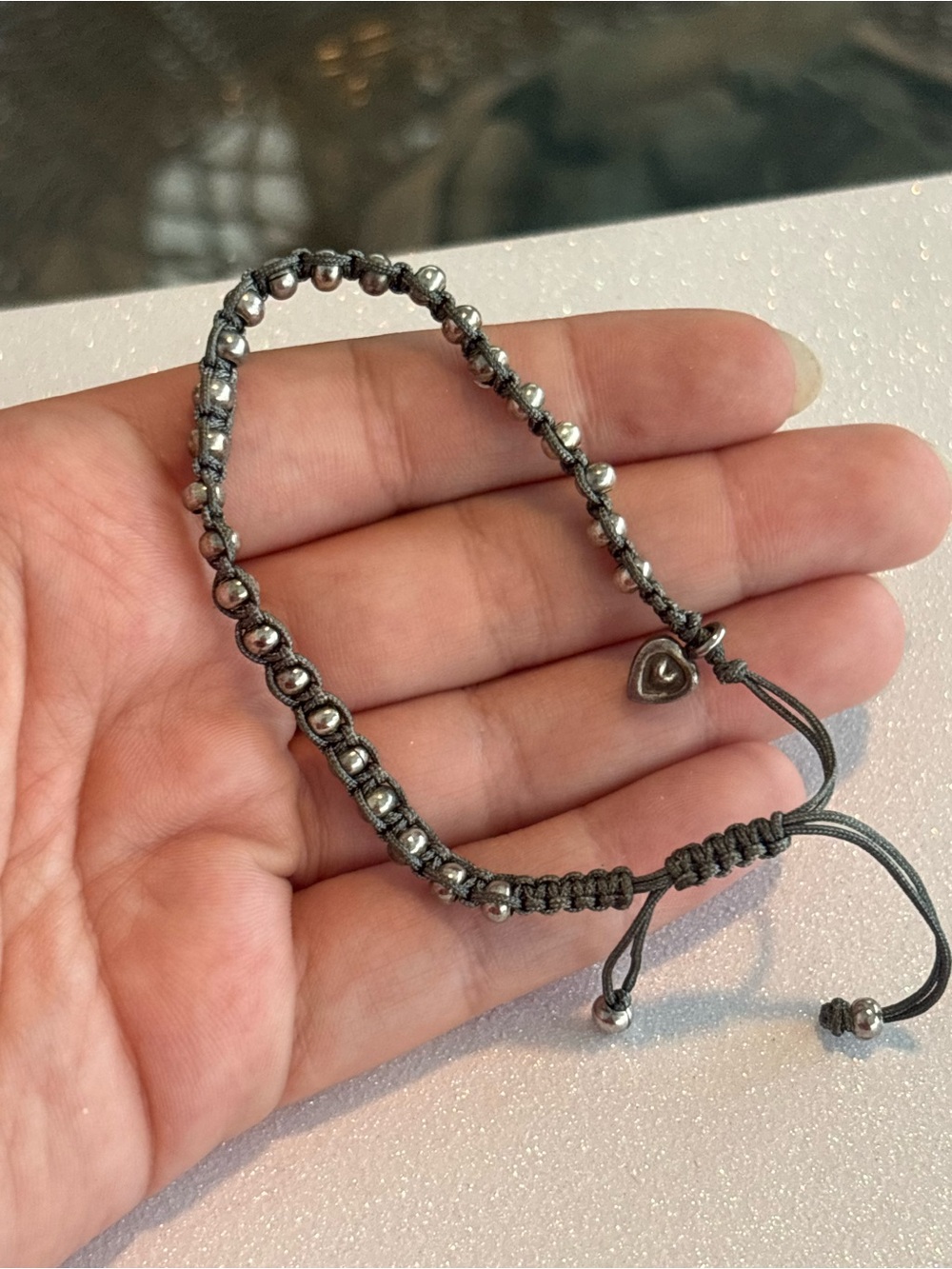 Silver-Tone Bracelet with Green Cord
